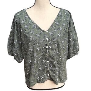 LOFT Green Paisley Puff Bubble Sleeve Blouse Medium V-Neck Romantic Western Boho